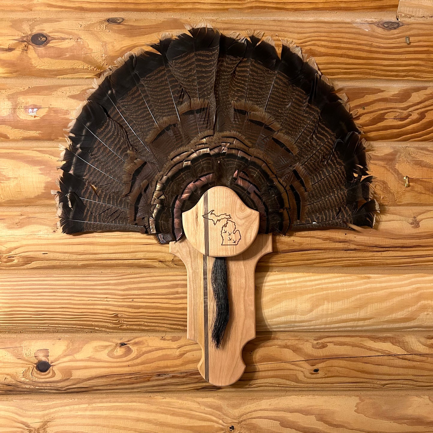 Cherry with Walnut Stripe and State- Turkey Fan Plaque